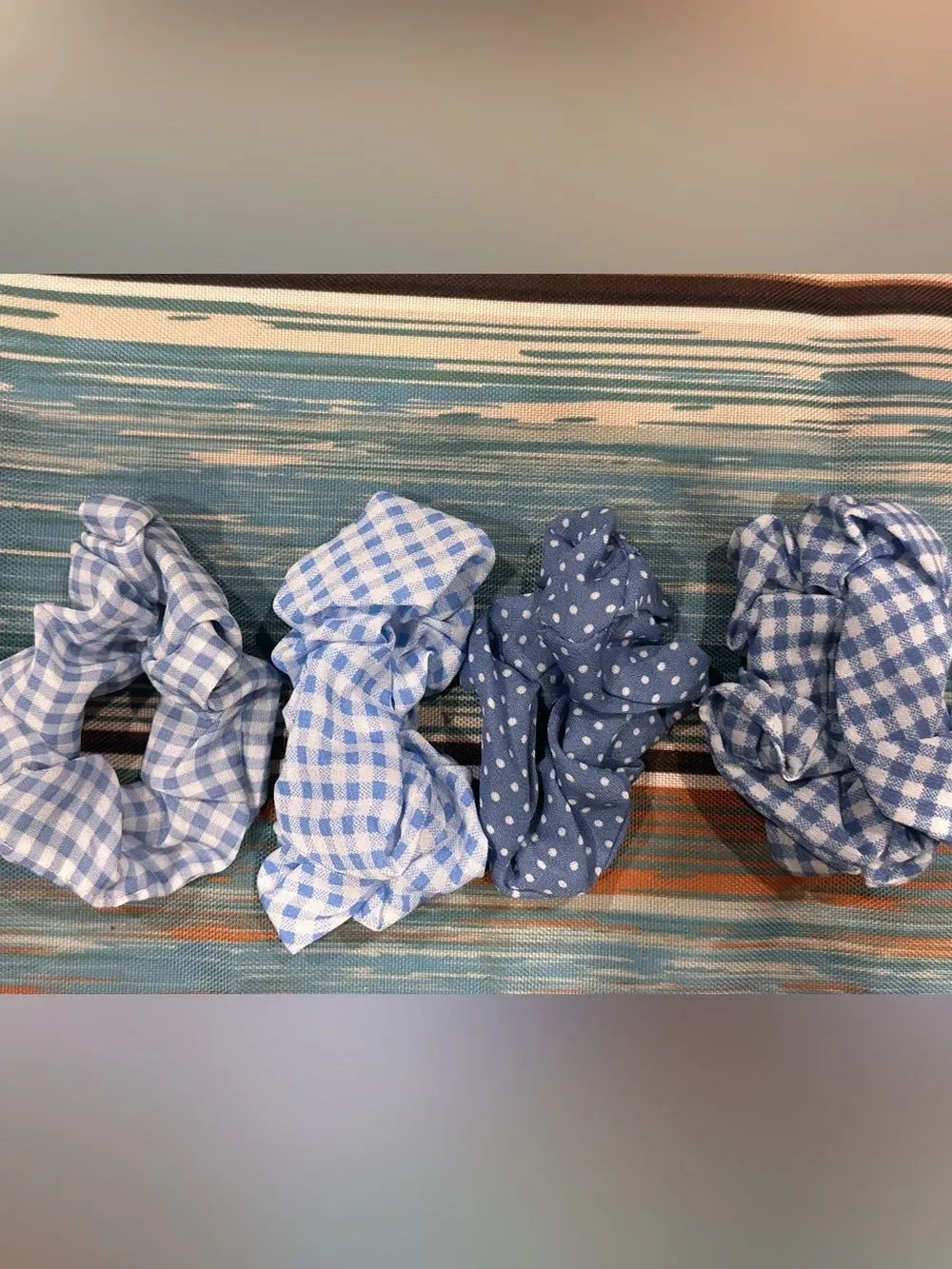 4pk -Blue Gingham and Polka Dot Scrunchie Set - Women Hair Accessories